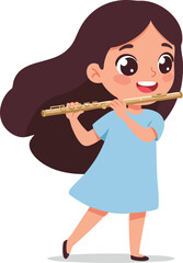 Cartoon Style Little Girl Playing Flute Musical Instrument Illustration Art