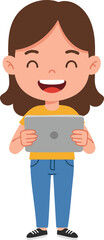 Fototapeta premium Cute Cartoon Style Girl Holding Tablet Device Smiling Happily Illustration