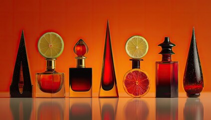 Seven artful perfume bottles, citrus fruit accents against a vibrant orange gradient backdrop