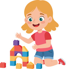 Colorful Cartoon Girl Kneeling Playing with Building Blocks Learning Toy