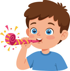 Cheerful Cartoon Boy Blowing Party Blower Celebration Illustration Graphic