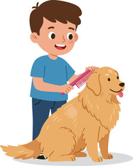 Cartoon Illustration of a Boy Brushing a Golden Retriever Dog Pet