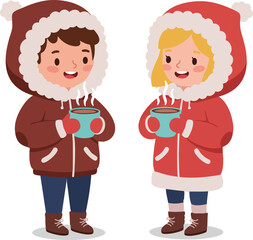 Cute Cartoon Boy and Girl Enjoying Hot Chocolate Drink in Winter