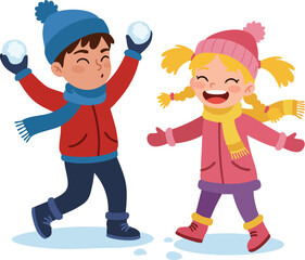Cartoon Style Happy Children Playing with Snowballs Winter Outdoor Scene