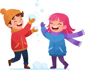 Cartoon Illustration Two Children Playing with Snowballs in Winter Season