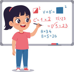 Cartoon Style Student Explaining Mathematics on Whiteboard in Classroom Illustration