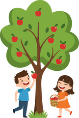 Cartoon Flat Illustration of Kids Picking Apple From The Tree