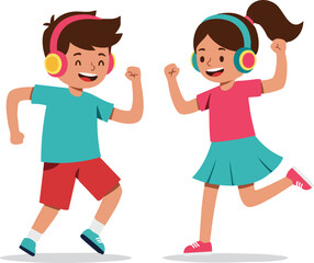 Cartoon Playful Kids Dancing With Headphones, Joyful Music Characters Illustration