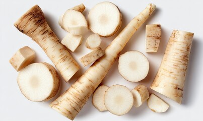 Close-up shot of parsnips, whole and sliced, scattered on a bright white surface