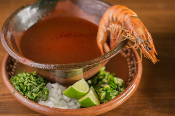 Spicy Mexican Shrimp Soup (Caldo de Camaron) in a Red Chili Broth