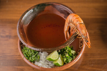 Spicy Mexican Shrimp Soup (Caldo de Camaron) in a Red Chili Broth