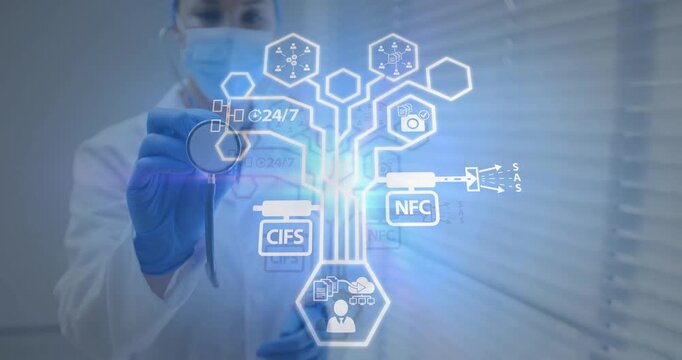 Doctor holding stethoscope and initiating hexagon revealing file cloud user network for health data