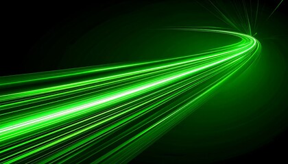 A dynamic, curving pathway of vibrant green light streaks against a deep black background creates a striking visual effect.