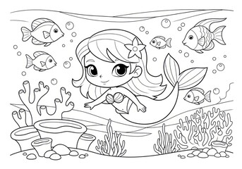 Charming Underwater Scene - Mermaid and Fish Coloring Page.
