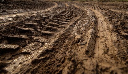 Close-up of deep tire tracks imprinted in muddy ground, showing detailed texture and patterns