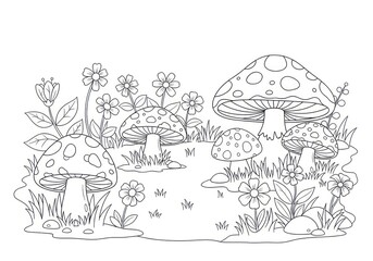 Enchanting Mushroom Garden Coloring Page for Creative Minds.