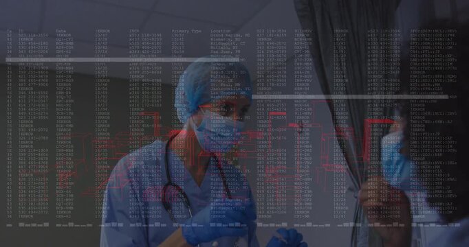 Doctor adjusting stethoscope, withdrawing swab in cubicle 3, sampling while data overlay scrolling
