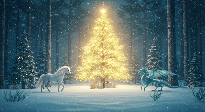 A magical Christmas scene with a glowing tree, a unicorn, and a dragon in a snowy forest clearing at night. - Powered by Adobe