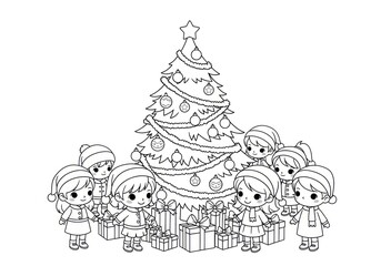 Festive Christmas Coloring Page with Children and Decorated Tree.