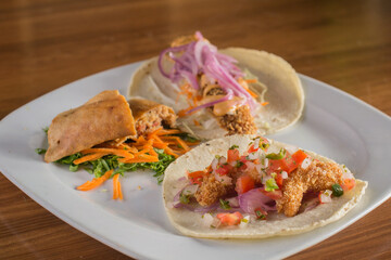 Assortment of Mexican Fish Tacos and a Fried Empanada on a White Plate