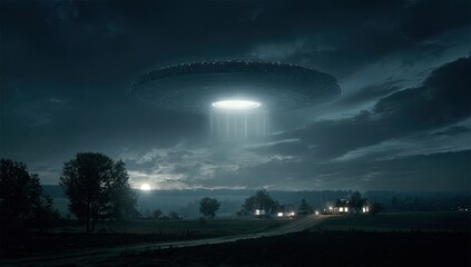 A massive, glowing saucer hovers over a rural landscape under a cloudy, moonlit night sky