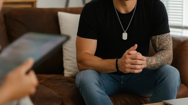 Man with tattooed arm wearing black t shirt and dog tag necklace sitting on sofa with pillow in cozy indoor setting, engaged in conversation, relaxed mood, casual attire, natural light enhances scene
