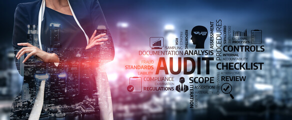 Vibrant urban backdrop features a confident businesswoman surrounded by graphic elements of audit processes. Ideal for finance, compliance, and business-related themes. Tessel