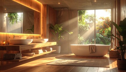Sunlit Modern Bathroom Interior with White Bathtub and Concrete Walls Lush Greenery and Warm Golden Light Shining Through Window