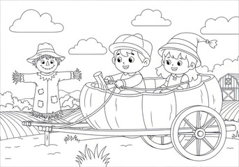 Two happy children riding in a giant pumpkin cart on a farm with a friendly scarecrow for coloring.