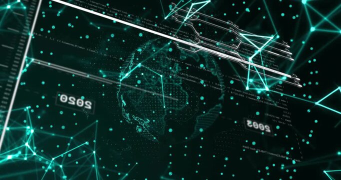 Diagonal line entering sweeping across rotating globe while year labels updating and mesh animating