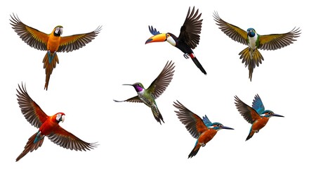 Obraz premium Collection of seven vibrant exotic birds in mid-flight with wings spread against a white background