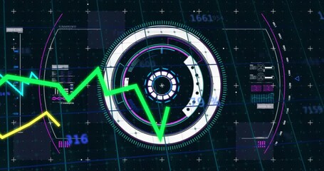 Green line entering grid activating circle pulse yellow mirroring, blue weaving showing data trends - Powered by Adobe