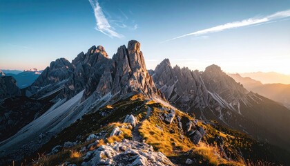 Sunlit Mountain Ridge Under Blue Sky at Sunset with Clouds in Dolomite Range Italy
