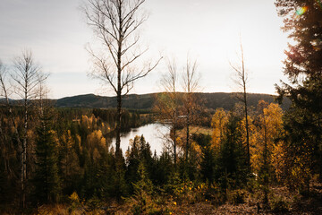 Elevated panoramic view of a river or lake surrounded by Autumn forest hills in Sweden