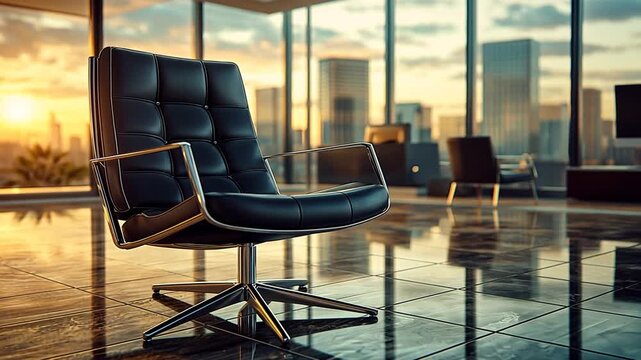 Black leather executive office chair with modern high rise office overlooking city skyline bathed in golden hour light for business success leadership productivity corporate strategy concept