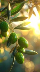 Sunlit Olive Branch with Green Olives and Bokeh Background in Golden Light