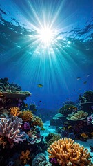 Sunlit Ocean Floor with Colorful Coral Reef and Fish Pixelated Illustration in Vivid Blue and Orange Hues a Dreamy Underwater Landscape