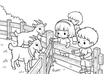 Children Feeding Goats at Farm Coloring Page Illustration.