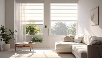 Sunlit Living Room with White Sofa and Large Windows Overlooking Green Trees Daytime