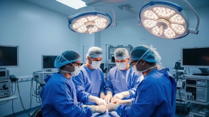 Four medical professionals in blue scrubs masks and caps perform surgery on patient under bright surgical lights in sterile operating room surrounded by medical equipment - Powered by Adobe