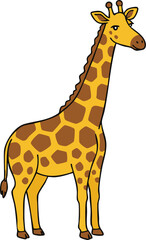 Naklejka premium Cartoon giraffe standing tall with brown spots on a yellow background illustration