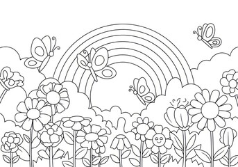 Whimsical Coloring Page - Rainbow, Butterflies, and Flowers.