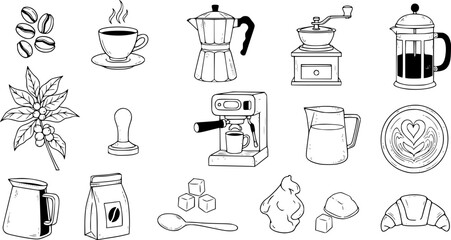 Hand drawn coffee elements and icons set for cafes and coffee lovers