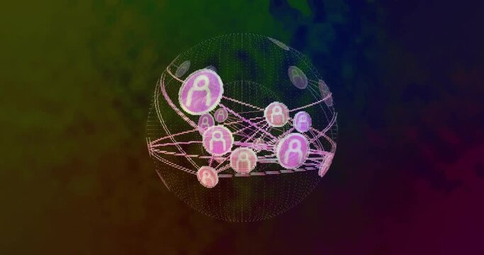 Olive-indigo shifting starting digital sphere emerging and rotating user icons forming network