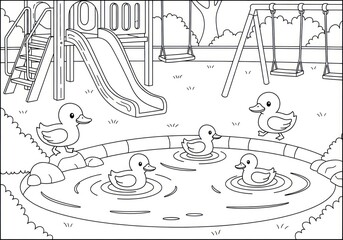 Playground Scene with Ducks in a Pond Coloring Page.