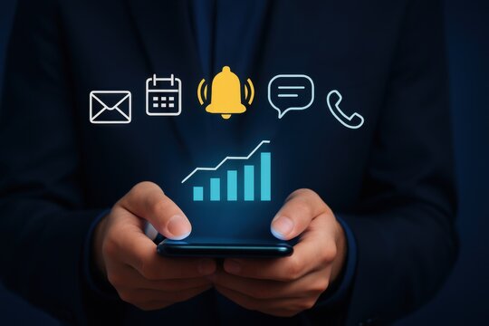 Person holding smartphone with holographic business notifications and growth chart showing digital communication strategy