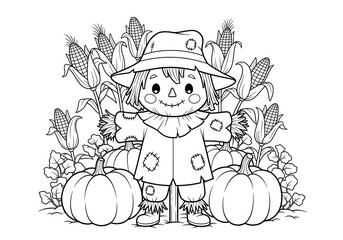 Cute Scarecrow in a Pumpkin Patch and Cornfield Coloring Page.