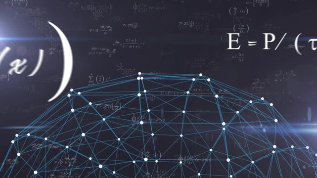 Upon scene opening wireframe dome emerging with pulsing nodes, fading formulas visualizing networks