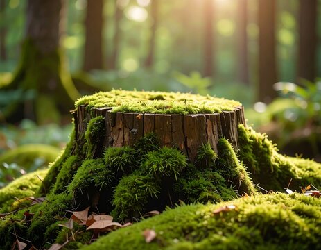 Moss-covered tree stump in sunlit forest