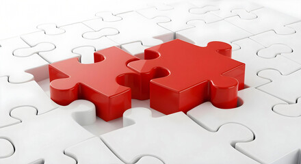 Two Red Puzzle Pieces Connecting in the Middle of White Jigsaw Puzzle